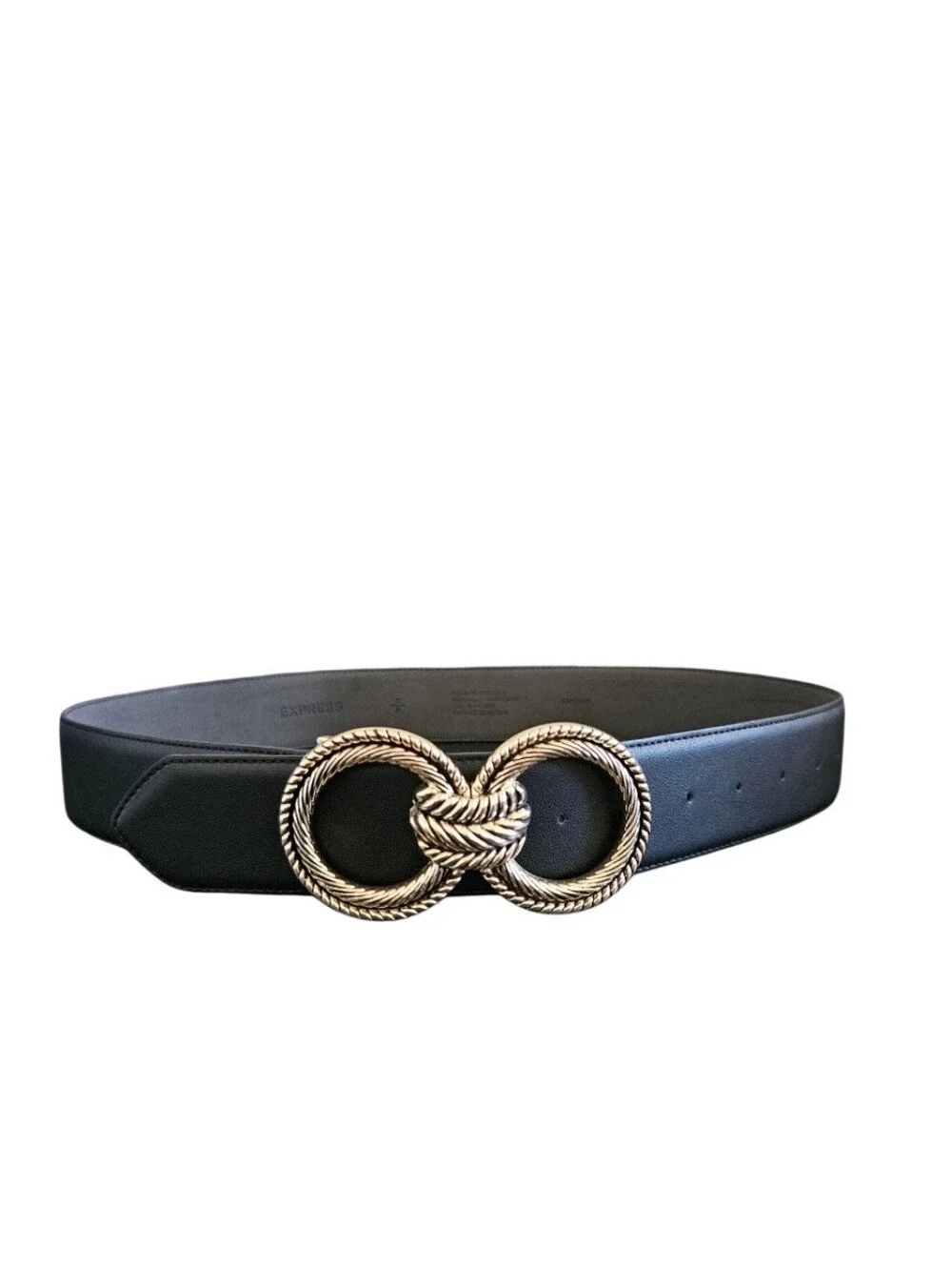 Express Black Faux Leather Waist Belt with Gold Interlocking Knot Buckle Size S